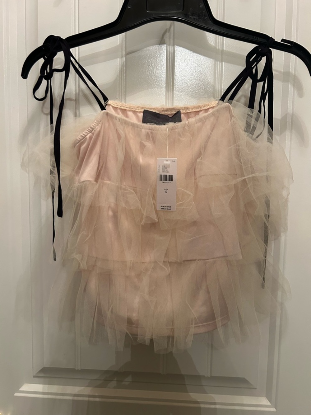 Anthropologie Pale Blush Tiered Tulle Camisole with Black Straps